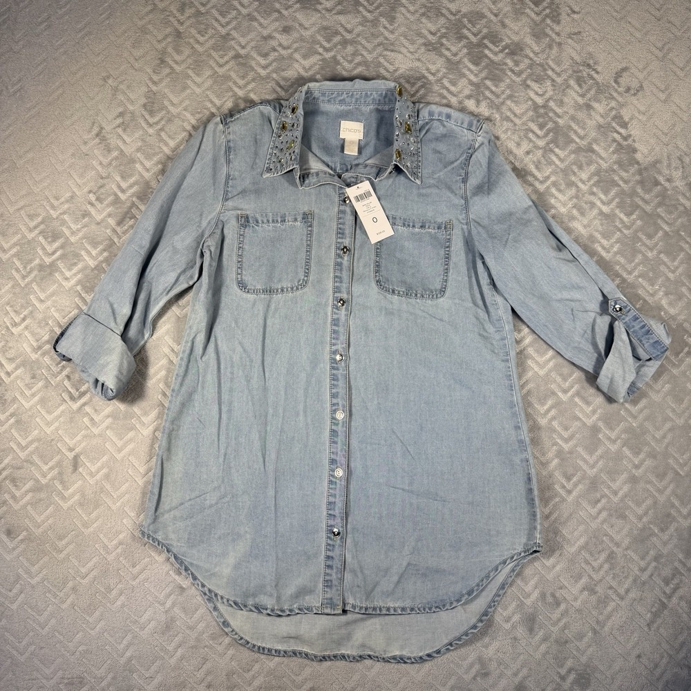 Chico's Size Small Blue Denim Shirt Button Up Studded Gem Collar Long Sleeve NWT